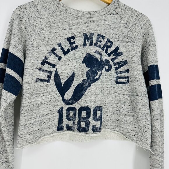 Disney Gray Navy Blue "The Little Mermaid" Logo Cropped Long Sleeve Sweatshirt S - Picture 2 of 6